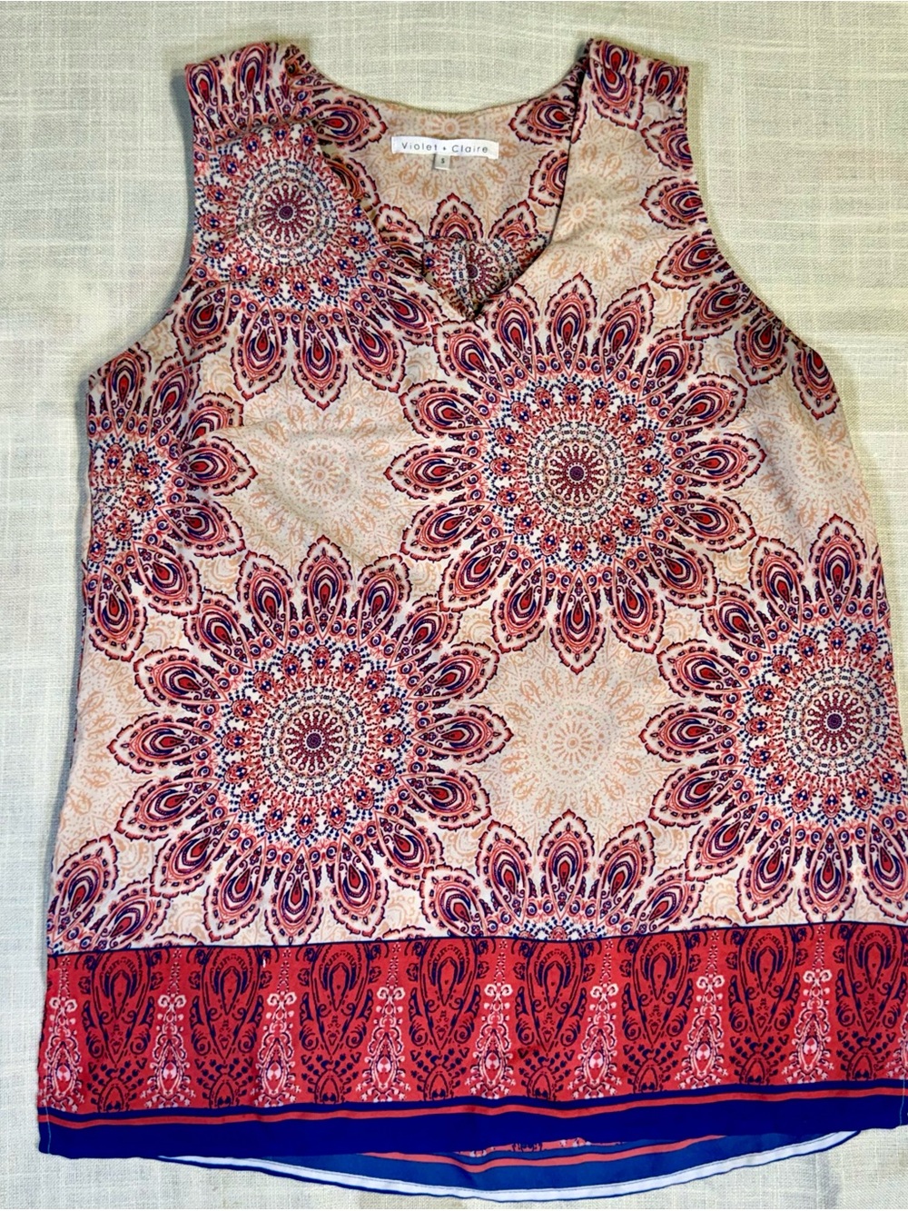 Violet & Claire Ivory Tank with Red and Blue Mandala Print and Red Border